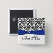Blue Black White Damask Best Man Pin Vierkante Button 5,1 Cm (Voorkant /achterkant)