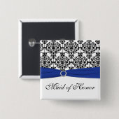 Blue Black White Damask Maid of Honor Pin Vierkante Button 5,1 Cm (Voorkant /achterkant)