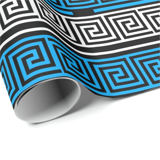 Blue Black White Greek Key Fret Pattern Design Cadeaupapier (Rol Hoek)