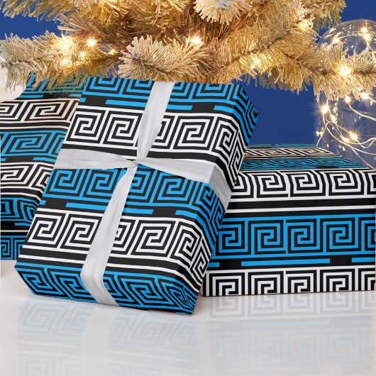 Blue Black White Greek Key Fret Pattern Design  Cadeaupapier
