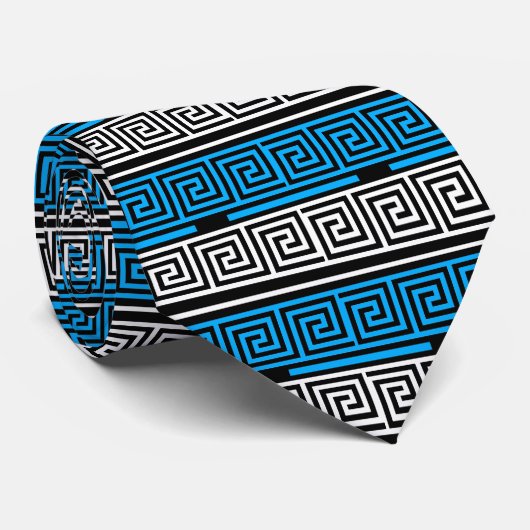 Blue Black White Greek Key Fret Pattern Design  Stropdas (Opgerold)
