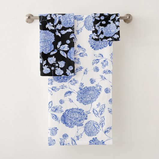 Blue Black White Modern  Floral Toile Bad Handdoek (Insitu)