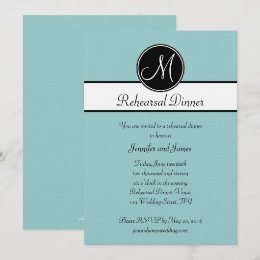 Blue Black White Monogram Rehearsal Dinner Kaart (Voorkant / Achterkant)