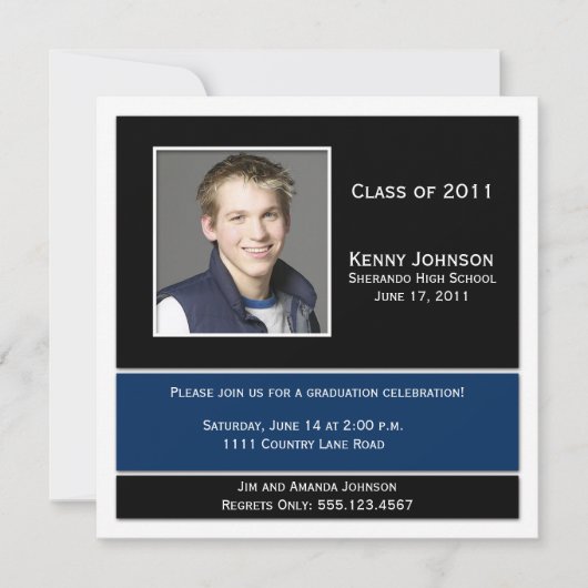 Blue Black White Photo Afstuderen Invitation Kaart (Voorkant)