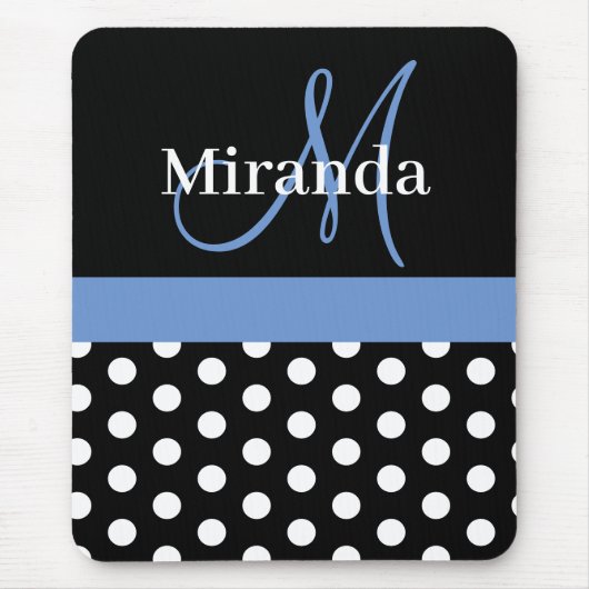 Blue Black White Polka Dot Monogram Muismat (Voorkant)