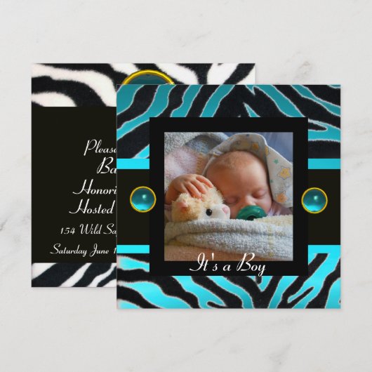 BLUE BLACK WHITE ZEBRA FUR Monogram Foto Template Kaart (Voorkant / Achterkant)
