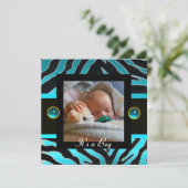 BLUE BLACK WHITE ZEBRA FUR Monogram Foto Template Kaart (Staand voorkant)