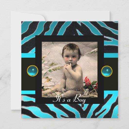 BLUE BLACK WHITE ZEBRA FUR Monogram Foto Template Kaart (Voorkant)