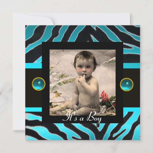 BLUE BLACK WHITE ZEBRA FUR Monogram Foto Template Kaart (Voorkant)