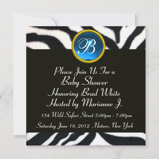 BLUE BLACK WHITE ZEBRA FUR Monogram Foto Template Kaart (Achterkant)