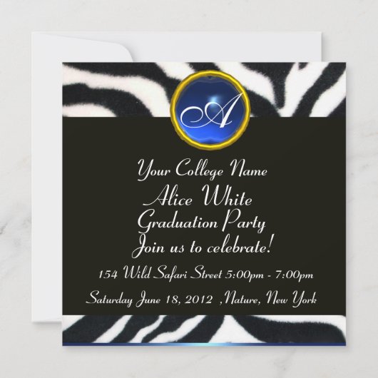BLUE BLACK WHITE ZEBRA FUR Monogram Foto Template Kaart (Achterkant)