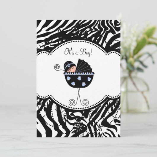Blue Black Zebra Baby Boy Shower Uitnodigingen (Staand voorkant)