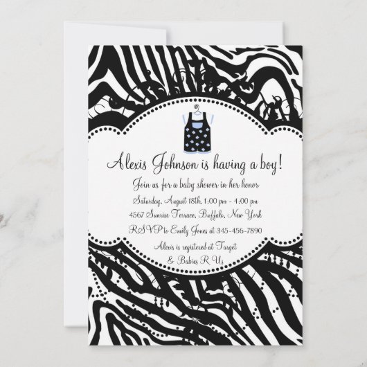 Blue Black Zebra Baby Boy Shower Uitnodigingen (Achterkant)