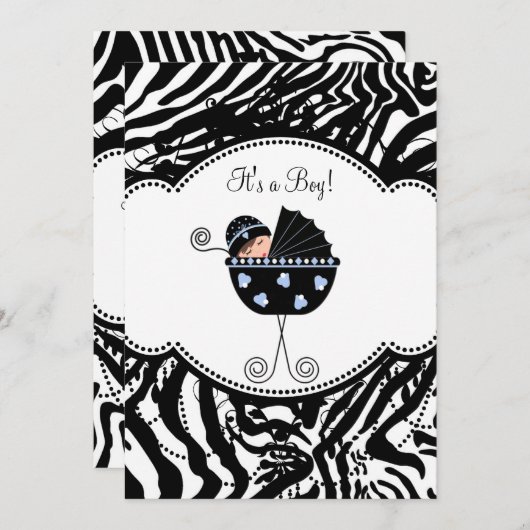 Blue Black Zebra Baby Boy Shower Uitnodigingen (Voorkant / Achterkant)