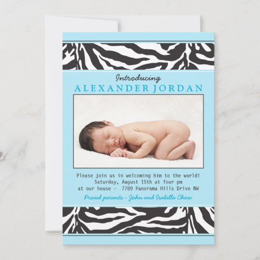 Blue Black Zebra Print Photo Sip N Zie Baby shower Kaart (Voorkant)