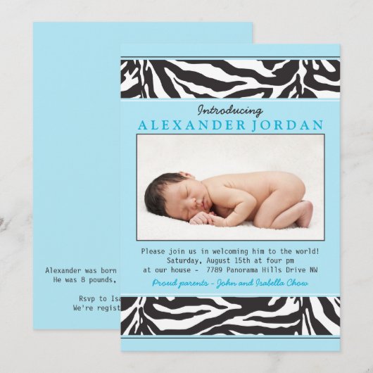 Blue Black Zebra Print Photo Sip N Zie Baby shower Kaart (Voorkant / Achterkant)