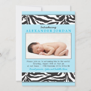 Blue Black Zebra Print Photo Sip N Zie Baby shower Kaart