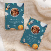 Blue Blast Off Photo Space Theme Kids Birthday Kaart