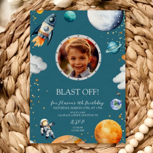 Blue Blast Off Photo Space Theme Kids Birthday Kaart