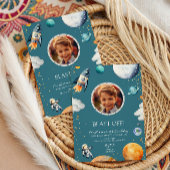 Blue Blast Off Photo Space Theme Kids Birthday Kaart