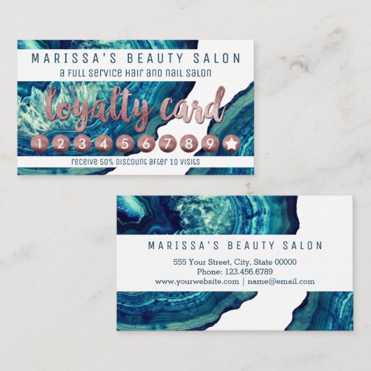 Blue Blauwgroen Agate Geode Stone Roos Gold Loyalt Klantenkaartje (Voorkant / Achterkant)