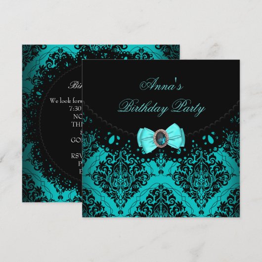 Blue Blauwgroen Damask Lace Elegant Birthday Party Kaart