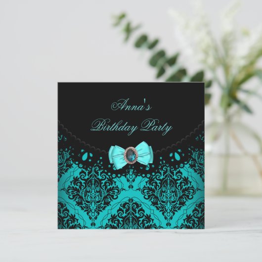 Blue Blauwgroen Damask Lace Elegant Birthday Party Kaart