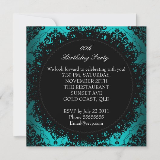 Blue Blauwgroen Damask Lace Elegant Birthday Party Kaart (Achterkant)