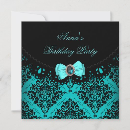 Blue Blauwgroen Damask Lace Elegant Birthday Party Kaart (Voorkant)