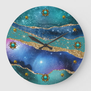 Blue Blauwgroen en Gold Agate  Grote Klok