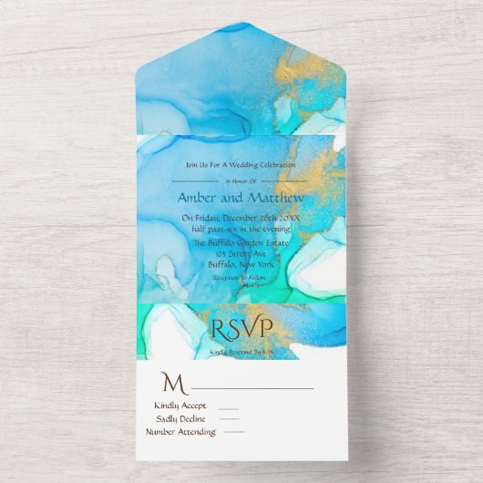 Blue Blauwgroen en Gold Alcohol Ink Wedding All In One Uitnodiging (Binnen)