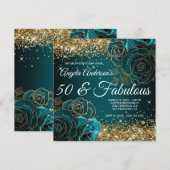 Blue Blauwgroen Floral Gold Glitter Glam 50 & Fabu Kaart (Voorkant / Achterkant)
