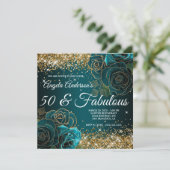 Blue Blauwgroen Floral Gold Glitter Glam 50 & Fabu Kaart (Staand voorkant)