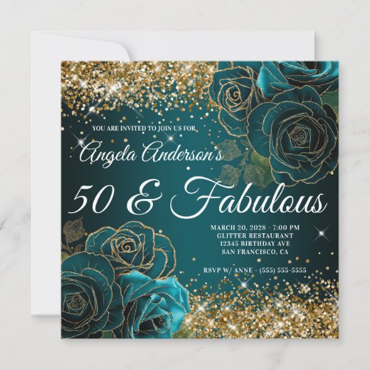 Blue Blauwgroen Floral Gold Glitter Glam 50 & Fabu Kaart (Voorkant)