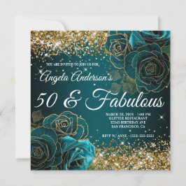 Blue Blauwgroen Floral Gold Glitter Glam 50 & Fabu Kaart