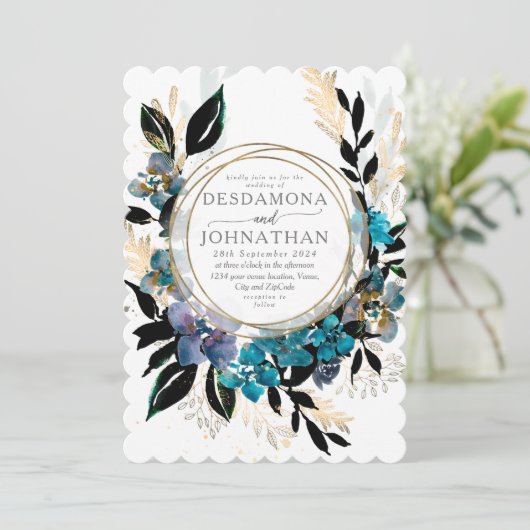 Blue blauwgroen Floral Wedding Bouquet Uitnodiging (Staand voorkant)