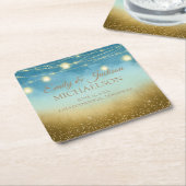 Blue Blauwgroen Gold String LIghts Mason Jars Wedd Kartonnen Onderzetters (Schuin)