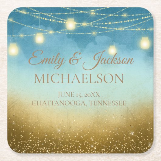 Blue Blauwgroen Gold String LIghts Mason Jars Wedd Kartonnen Onderzetters (Voorkant)