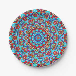 Blue Blauwgroen Leaf Floral Mandala Boho Papieren Bordje
