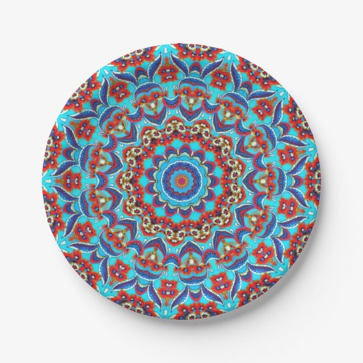 Blue Blauwgroen Leaf Floral Mandala Boho Papieren Bordje (Voorkant)