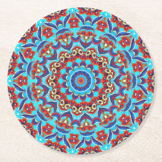 Blue Blauwgroen Leaf Floral Mandala Boho Ronde Kartonnen Onderzetter (Voorkant)