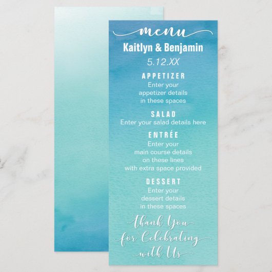 Blue & Blauwgroen Ombre Waterverf Wedding Menu Kaa (Voorkant / Achterkant)
