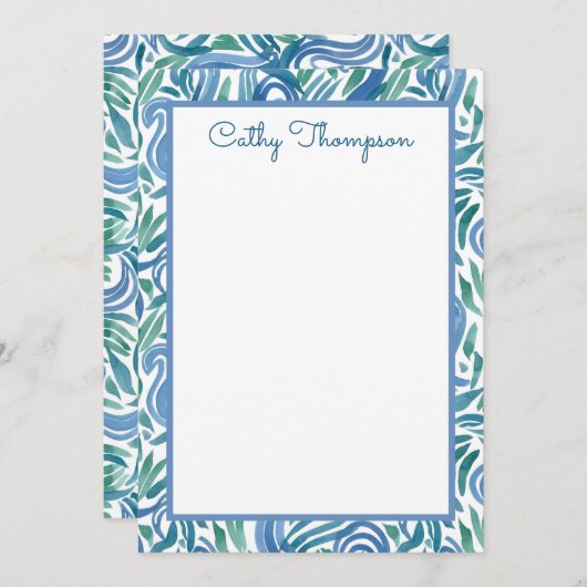 Blue Blauwgroen Paisley Waterverf, speciaal aangep Notitiekaartje (Voorkant / Achterkant)