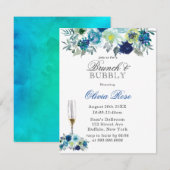 Blue Blauwgroen Peony Brunch & Bubble Invitations Kaart (Voorkant / Achterkant)