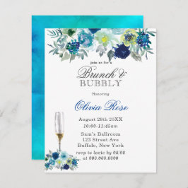 Blue Blauwgroen Peony Brunch & Bubble Invitations Kaart