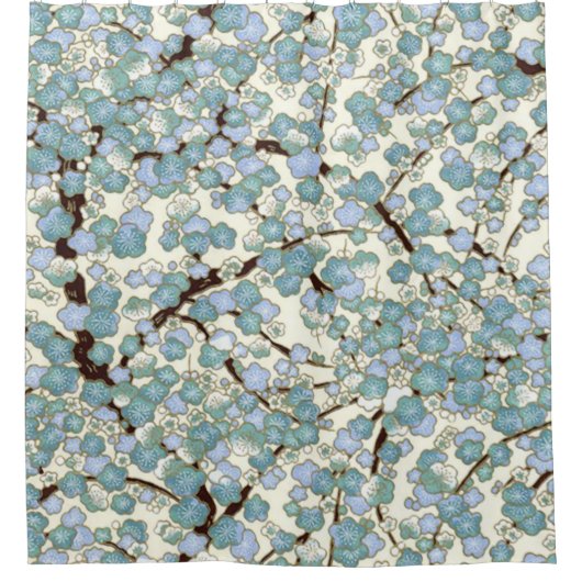 Blue Blauwgroen Sakura Fine  Japans Floral Douchegordijn (Voorkant)