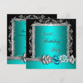 Blue Blauwgroen Silver Floral Rozen Birthday Party Kaart (Voorkant / Achterkant)