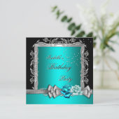 Blue Blauwgroen Silver Floral Rozen Birthday Party Kaart (Staand voorkant)