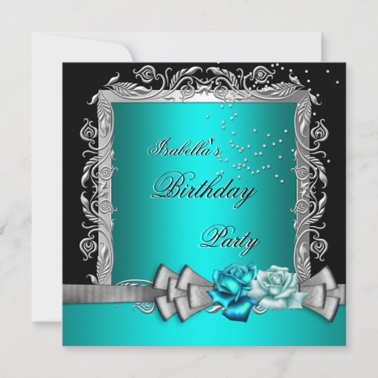 Blue Blauwgroen Silver Floral Rozen Birthday Party Kaart (Voorkant)