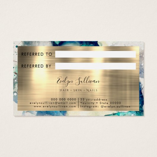 Blue Blauwgroen Waterverf and Gold Foil Reference  Visitekaartje (Achterkant)